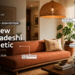 Modern interior design in a Dhaka apartment featuring local jute furniture and natural light