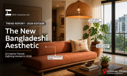 Modern interior design in a Dhaka apartment featuring local jute furniture and natural light