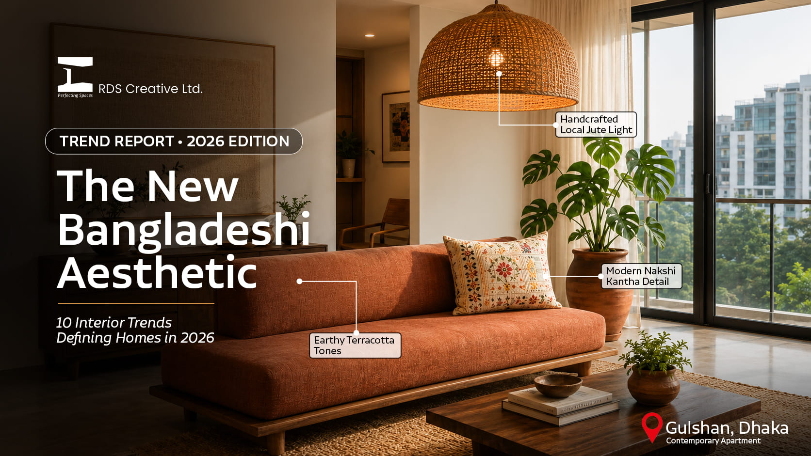 Modern interior design in a Dhaka apartment featuring local jute furniture and natural light