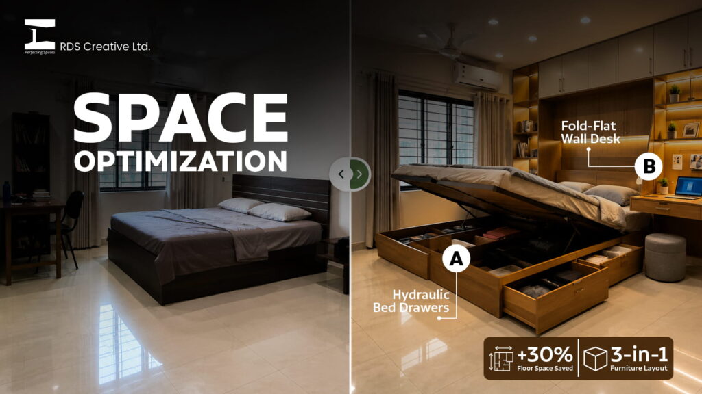Foldable dining table and sofa cum bed in a compact 1000 sq ft flat in Mirpur Dhaka